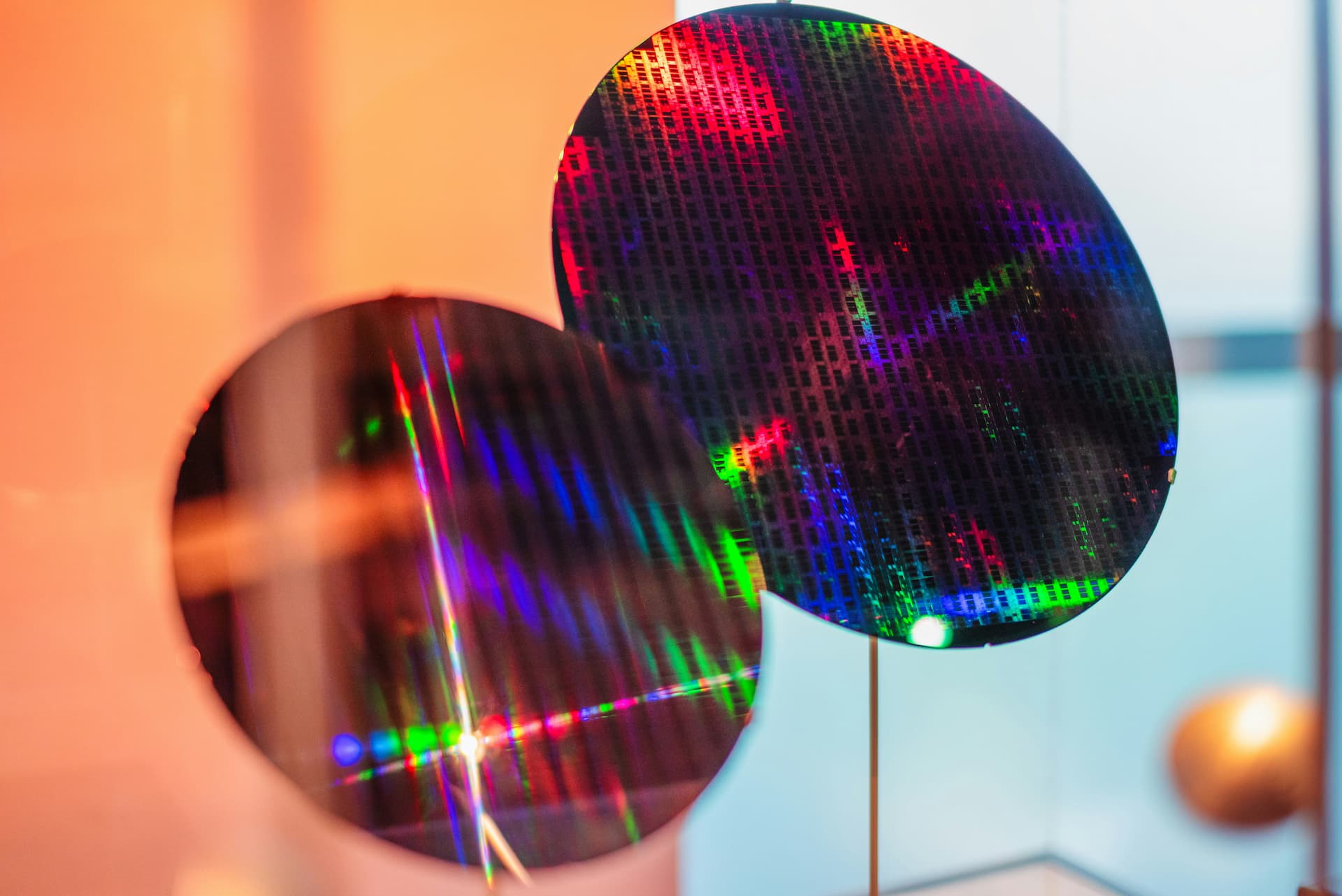 Two round silicon wafers