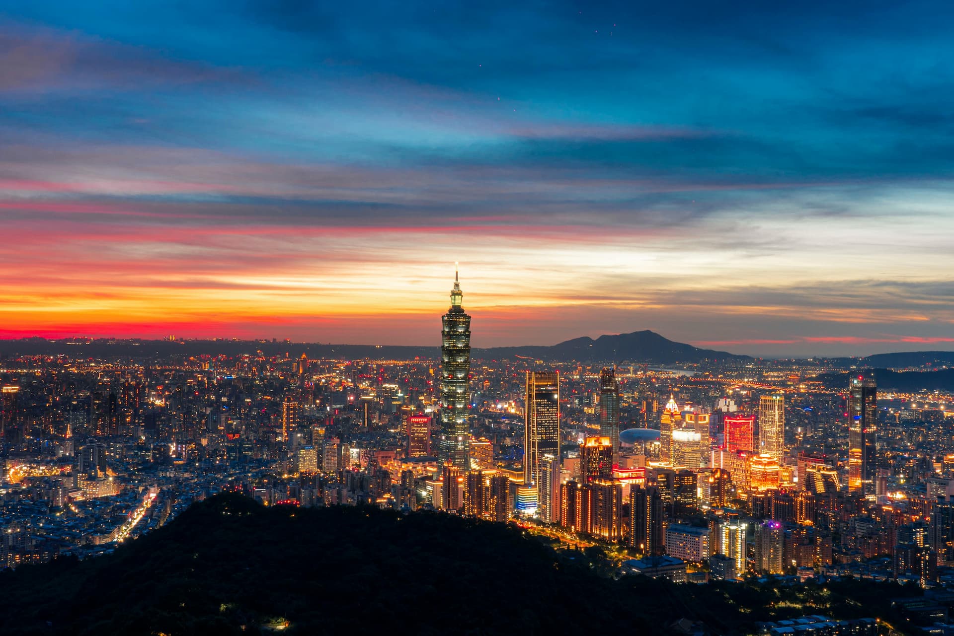 The Taipei Basin at sunset with Taipei 101